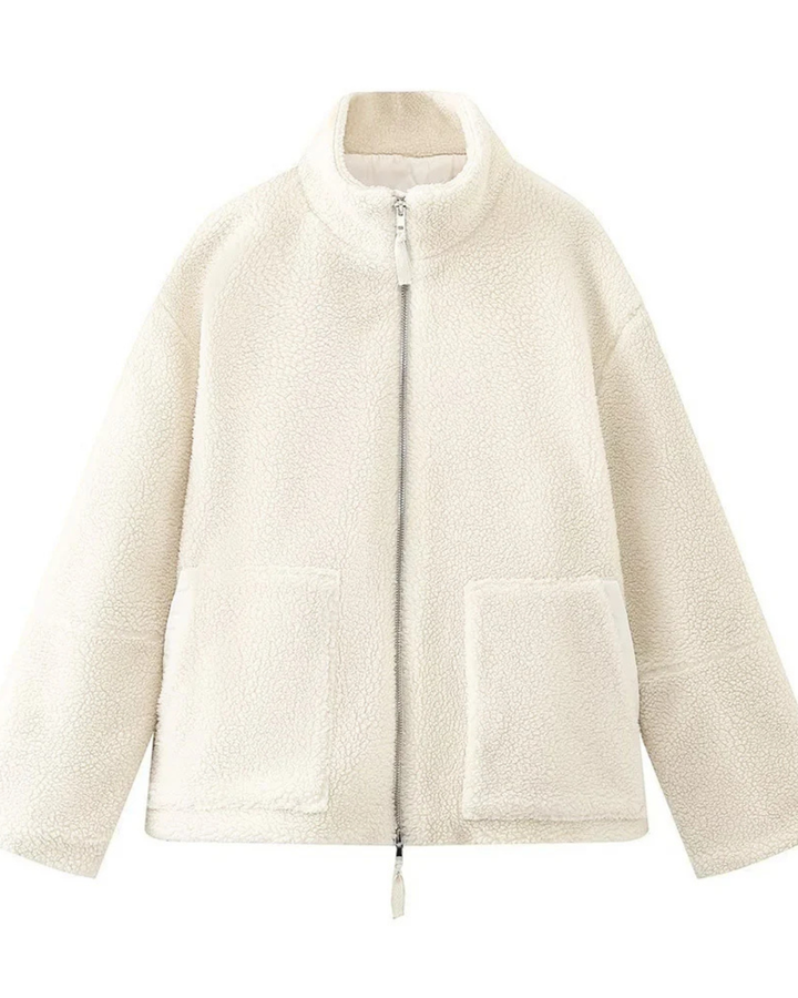 Women's Sherpa Fleece Jacket with Stand Collar and Zip Front Closure