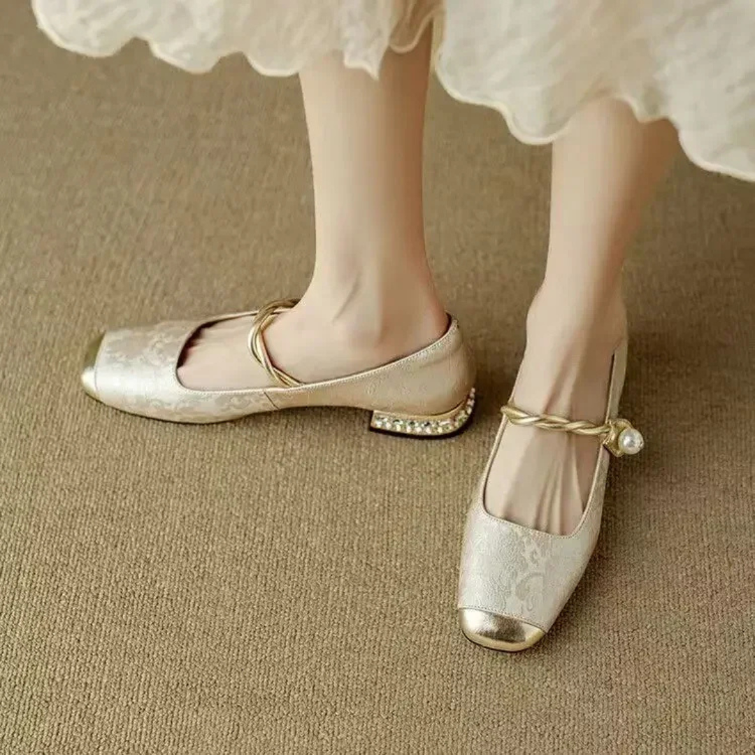 Women's Square Toe Flats with Metallic Toe Cap and Pearl Ankle Strap