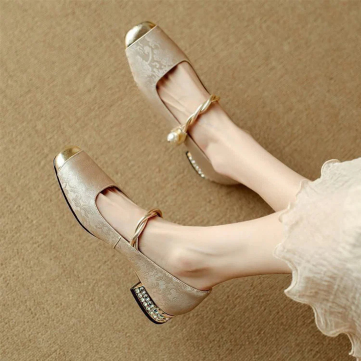 Women's Square Toe Flats with Metallic Toe Cap and Pearl Ankle Strap