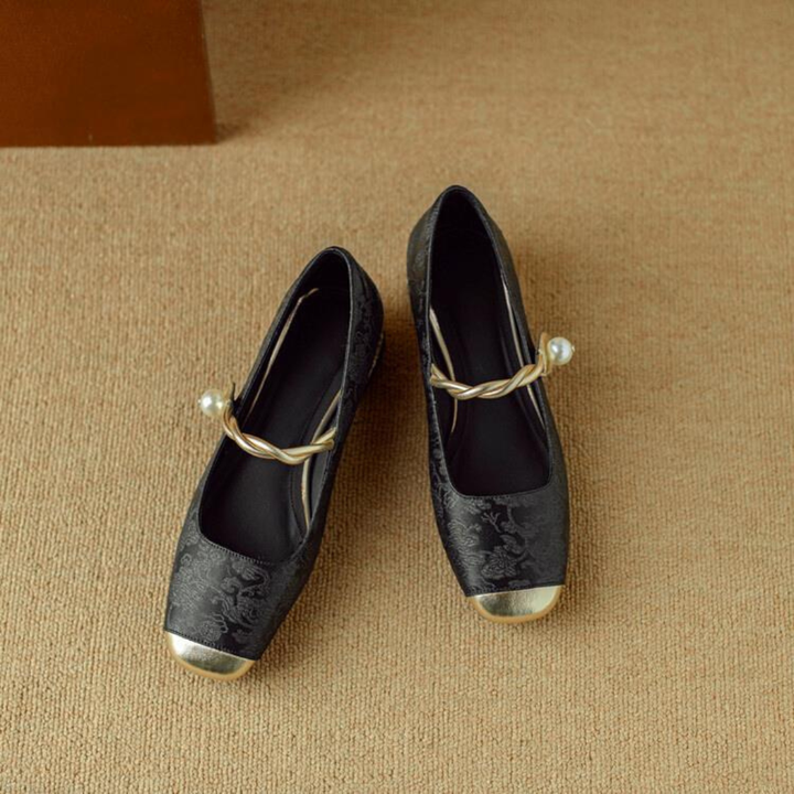 Women's Square Toe Flats with Metallic Toe Cap and Pearl Ankle Strap