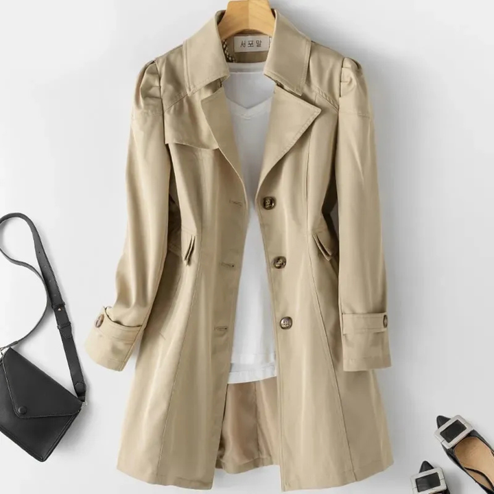 Women's Trench Coat with Notched Lapels and Button Front Closure