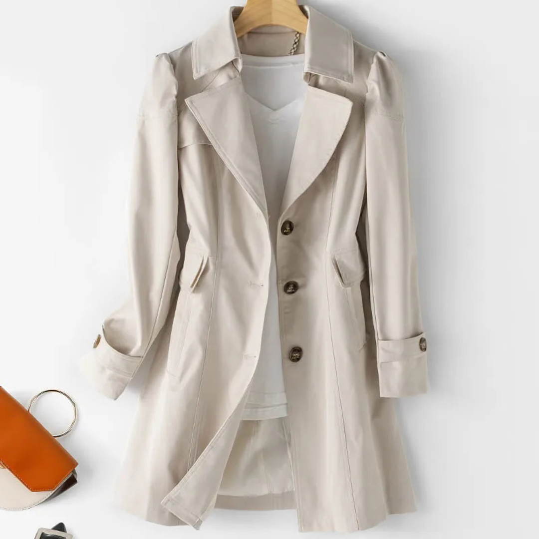 Women's Trench Coat with Notched Lapels and Button Front Closure