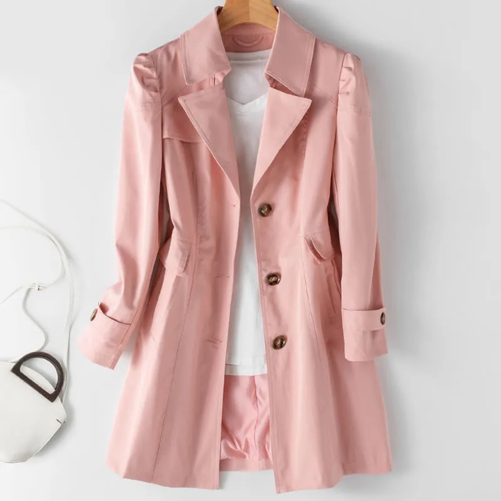 Women's Trench Coat with Notched Lapels and Button Front Closure