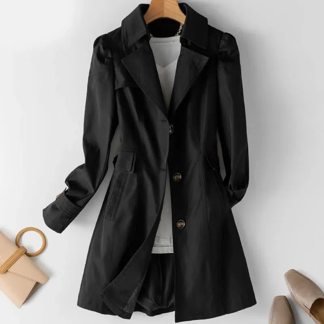 Women's Trench Coat with Notched Lapels and Button Front Closure