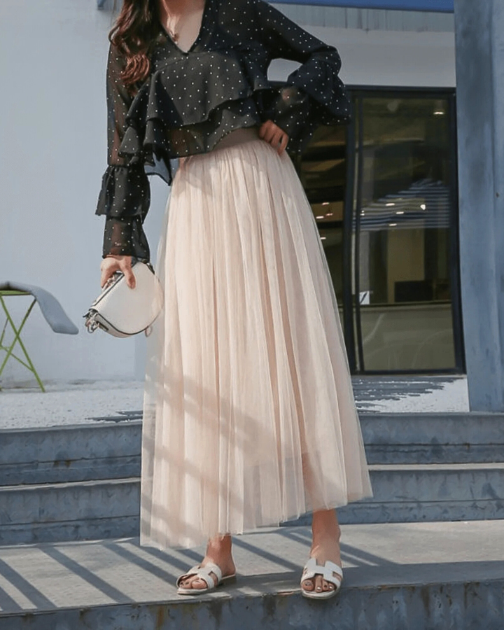 Women's Tulle Maxi Skirt with Elastic Waist and Layered Construction