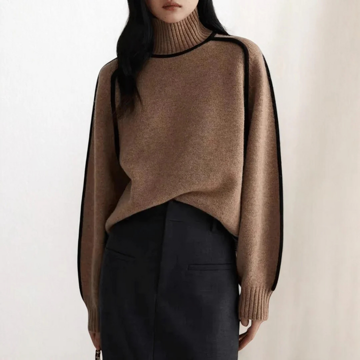 Women's Turtleneck Sweater with Ribbed Collar and Contrasting Trim