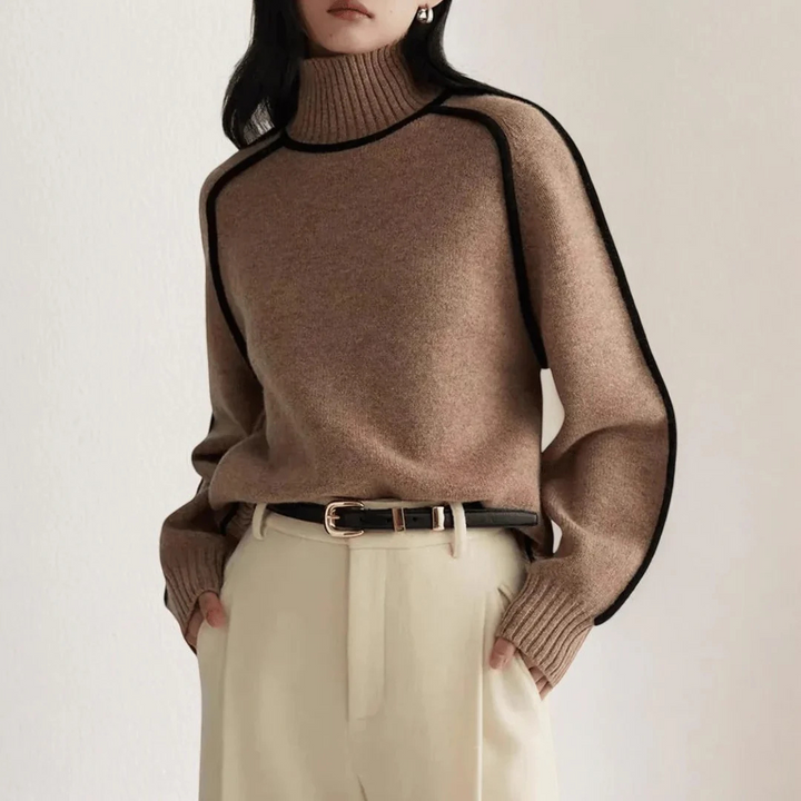 Women's Turtleneck Sweater with Ribbed Collar and Contrasting Trim
