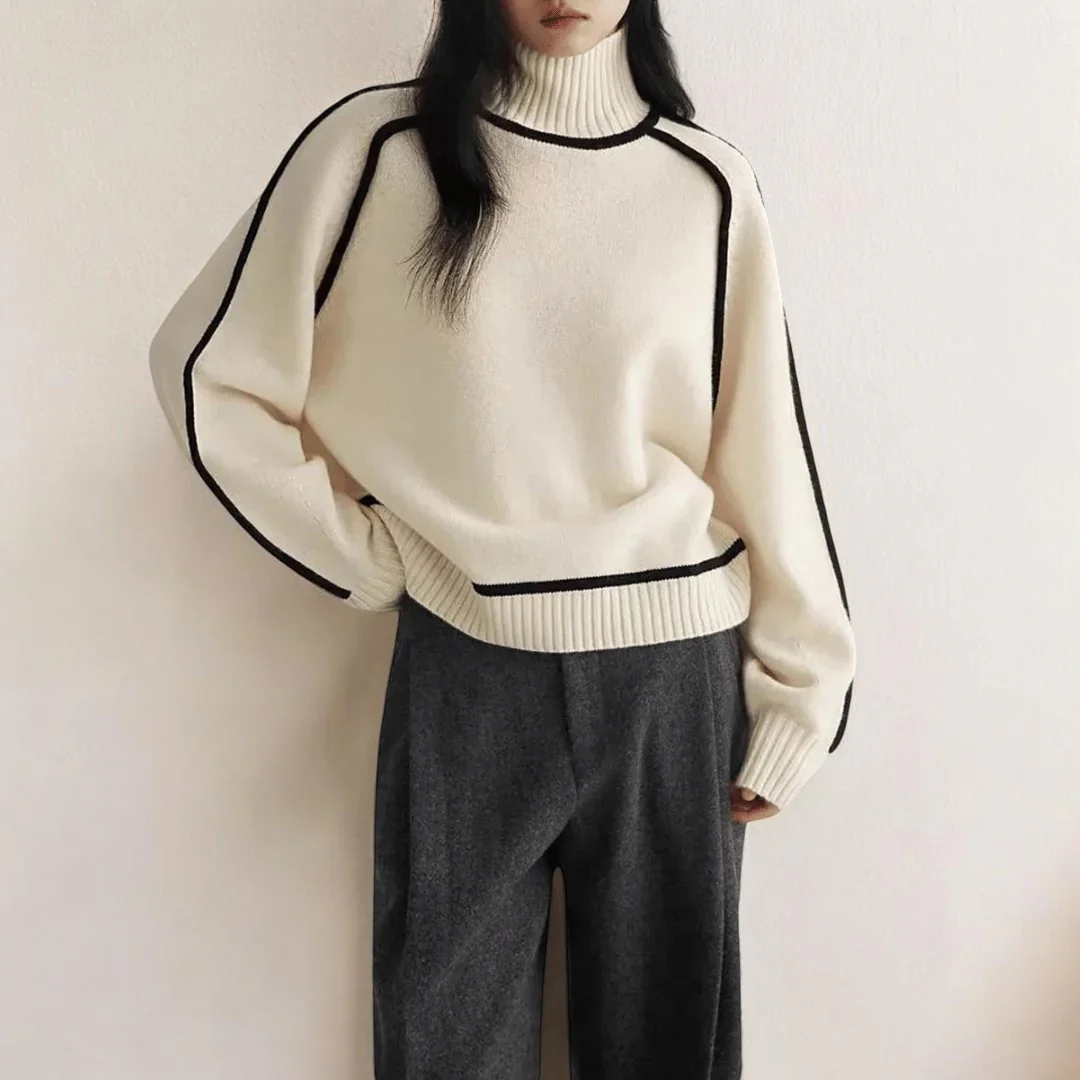 Women's Turtleneck Sweater with Ribbed Collar and Contrasting Trim