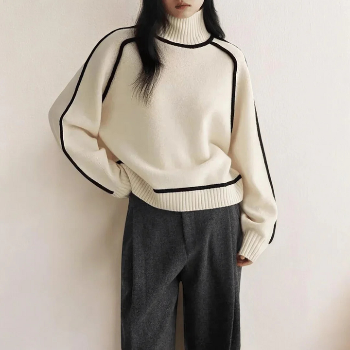 Women's Turtleneck Sweater with Ribbed Collar and Contrasting Trim