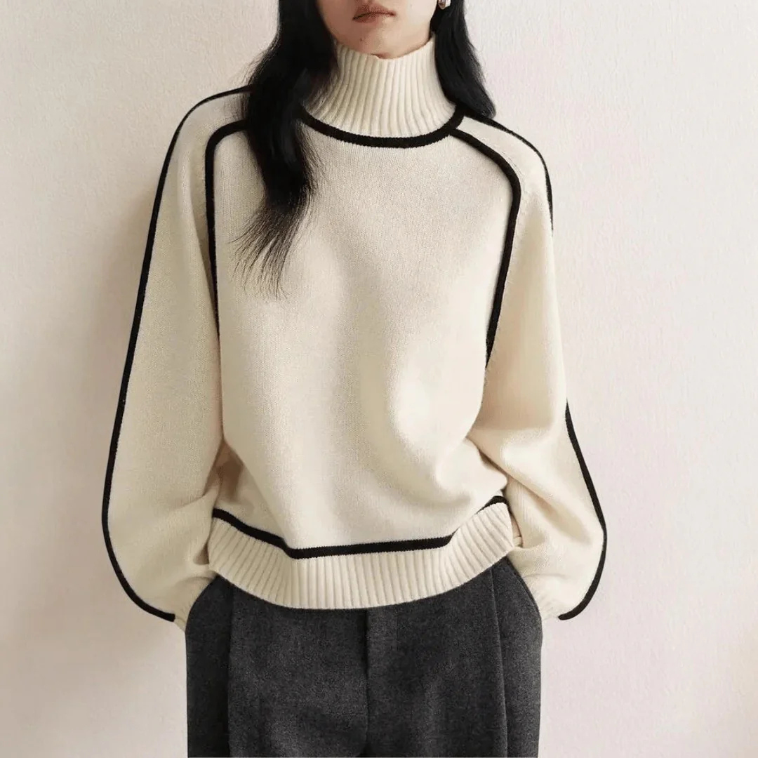 Women's Turtleneck Sweater with Ribbed Collar and Contrasting Trim