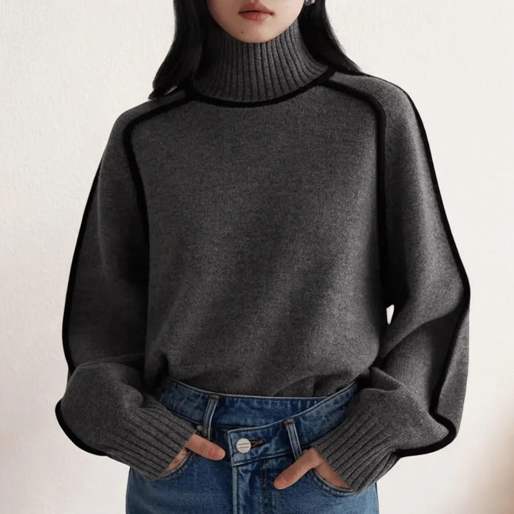 Women's Turtleneck Sweater with Ribbed Collar and Contrasting Trim