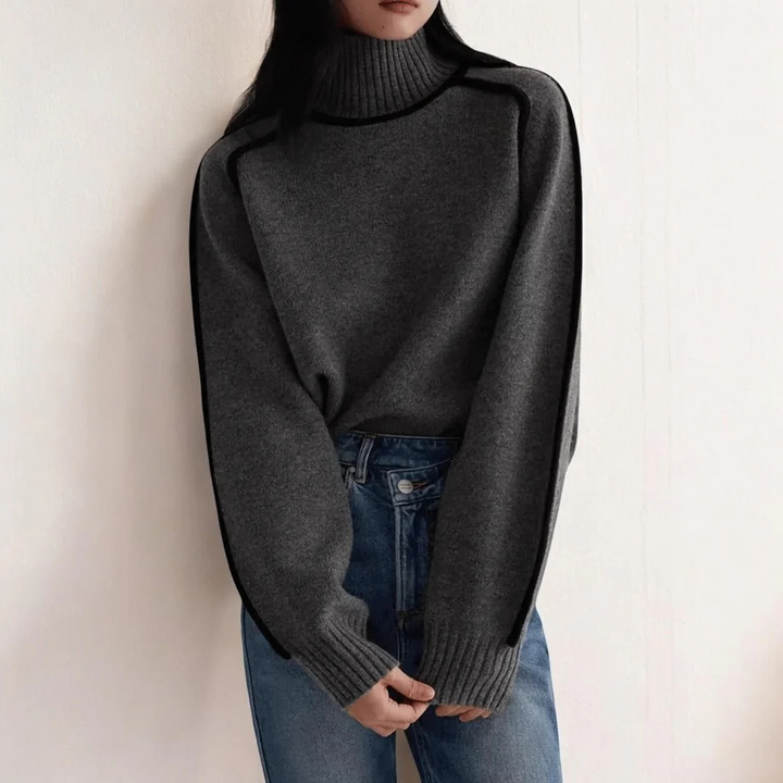 Women's Turtleneck Sweater with Ribbed Collar and Contrasting Trim