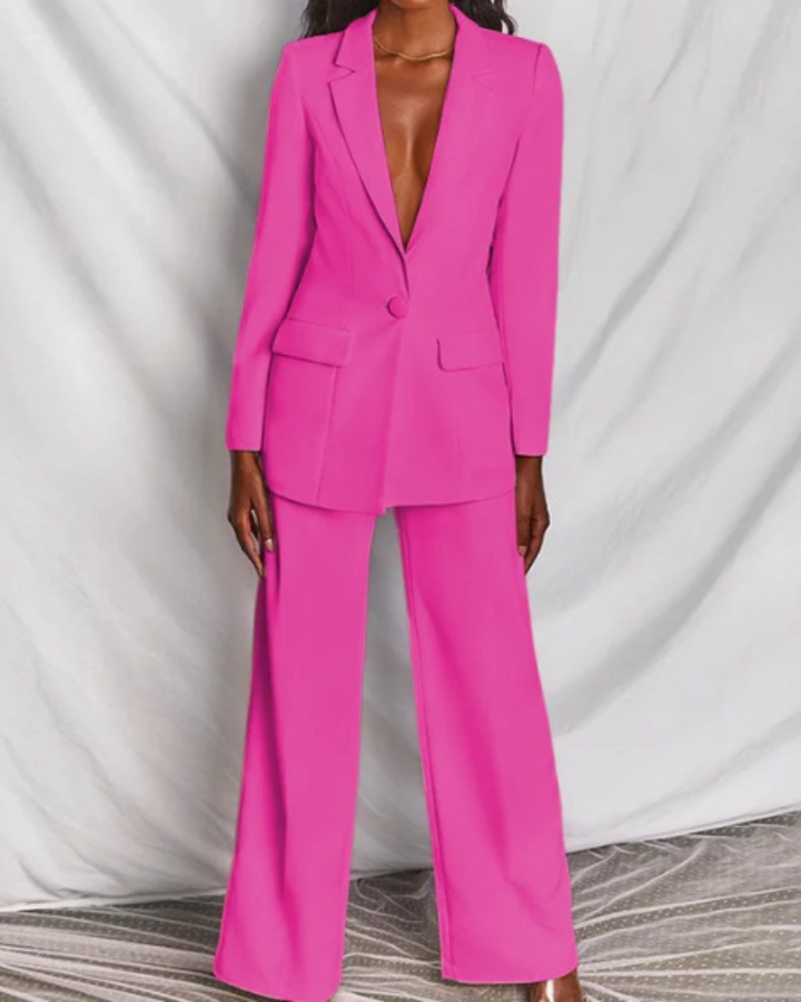Women's Two Piece Suit Set with Single Breasted Blazer and Wide Leg Pants