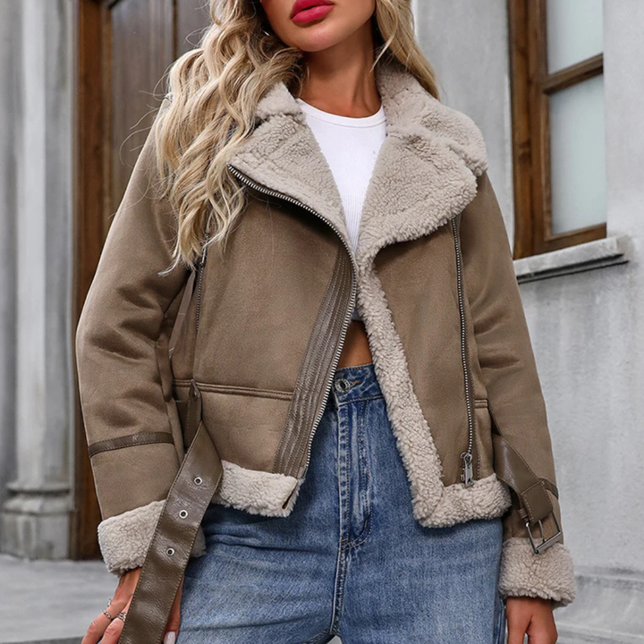 Women's Aviator Jacket with Sherpa Collar and Asymmetric Zip Closure