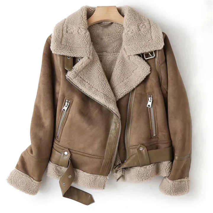 Women's Aviator Jacket with Sherpa Collar and Asymmetric Zip Closure