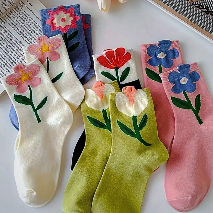 Women's Crew Socks Set with Floral Appliqué Design