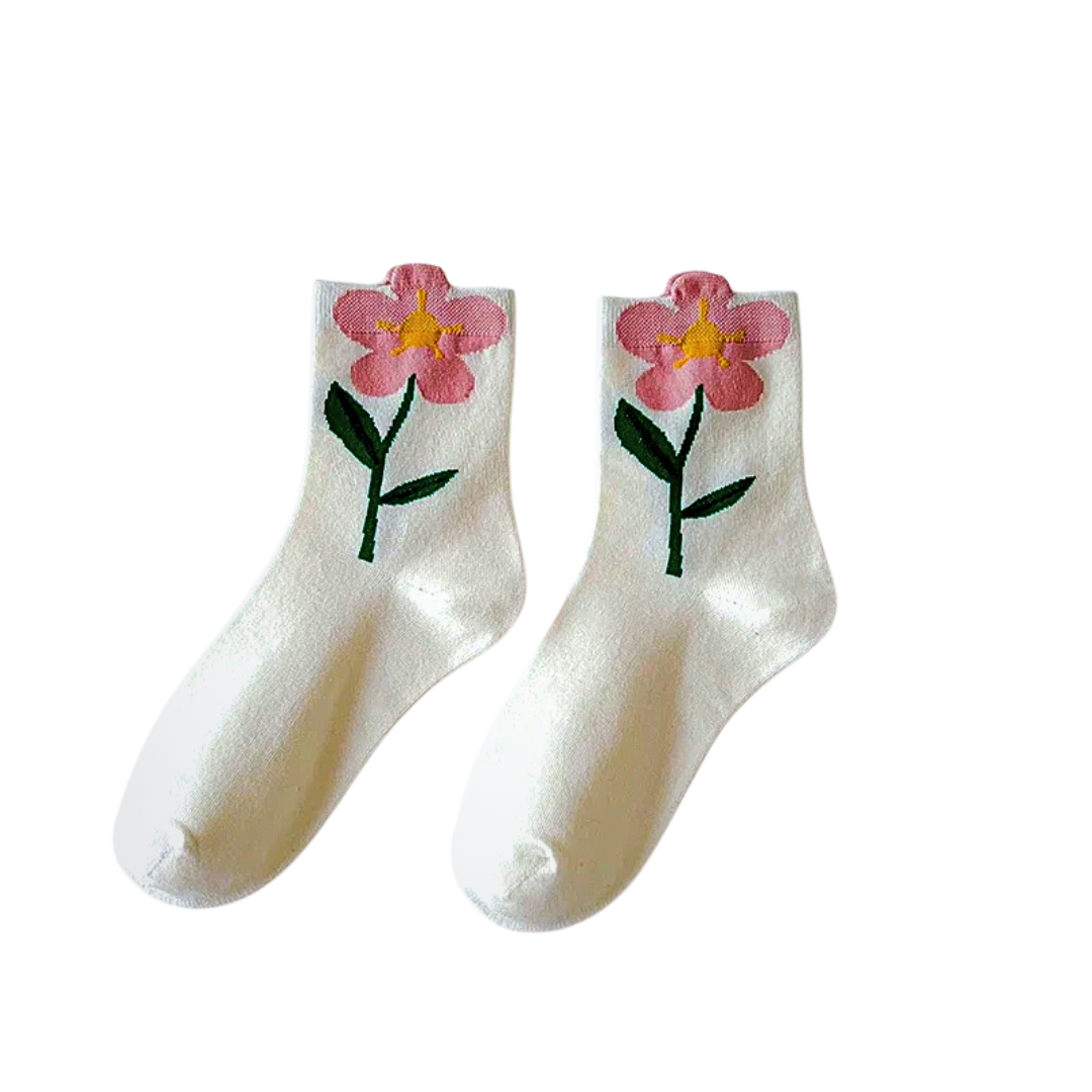 Women's Crew Socks Set with Floral Appliqué Design