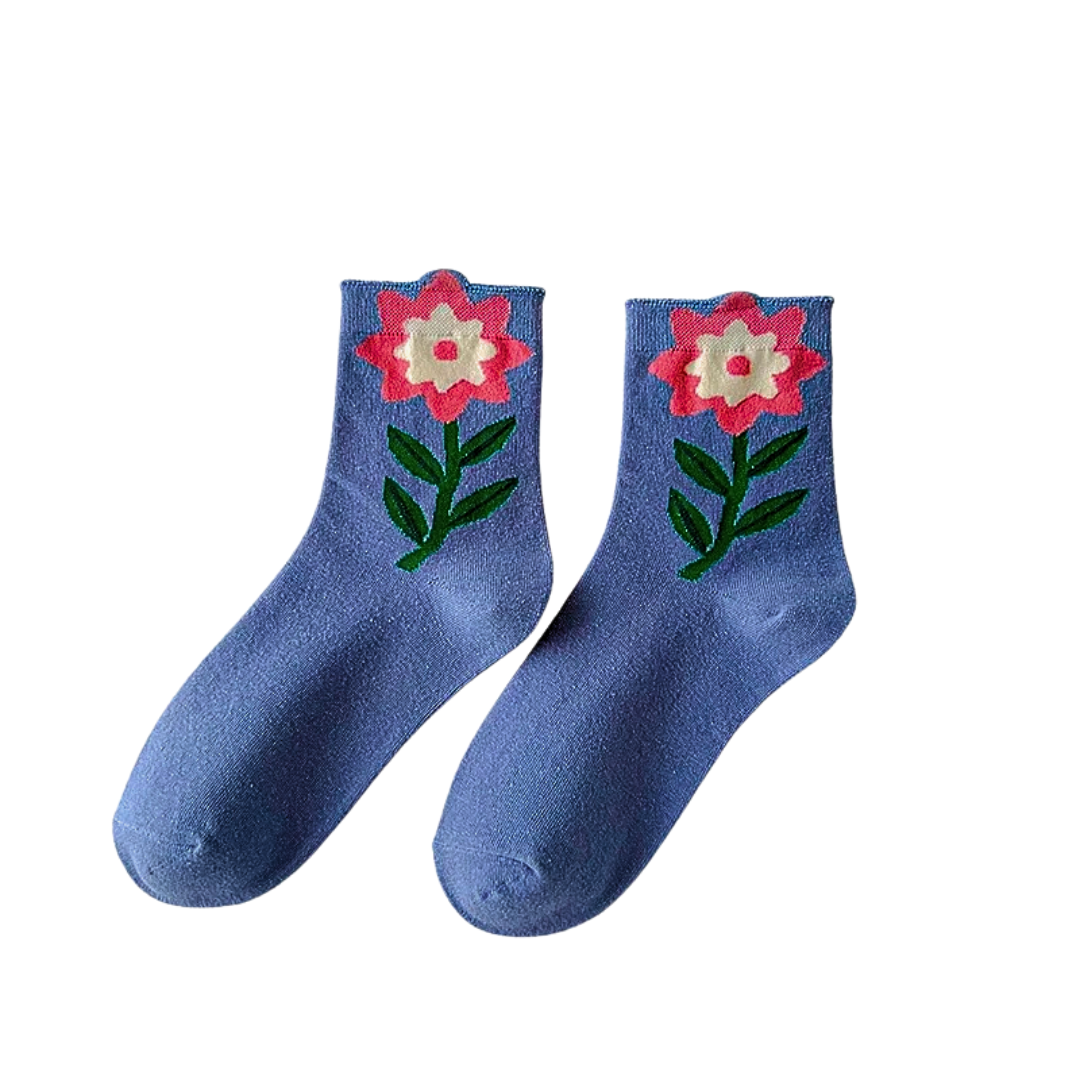 Women's Crew Socks Set with Floral Appliqué Design