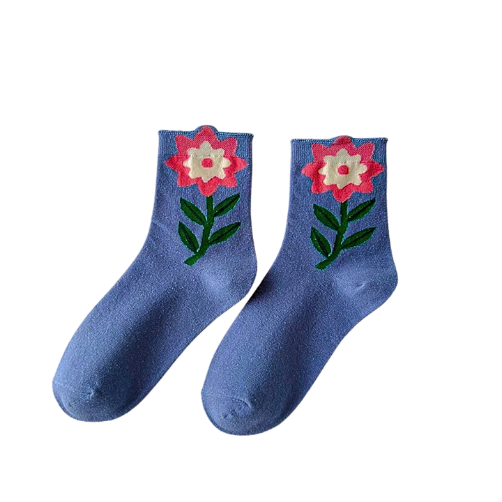 Women's Crew Socks Set with Floral Appliqué Design
