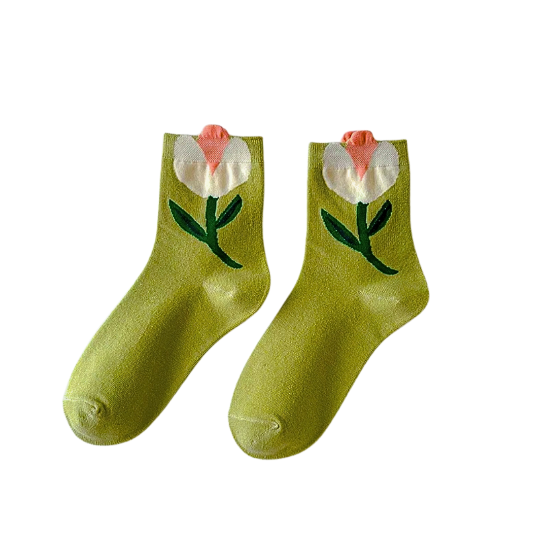 Women's Crew Socks Set with Floral Appliqué Design