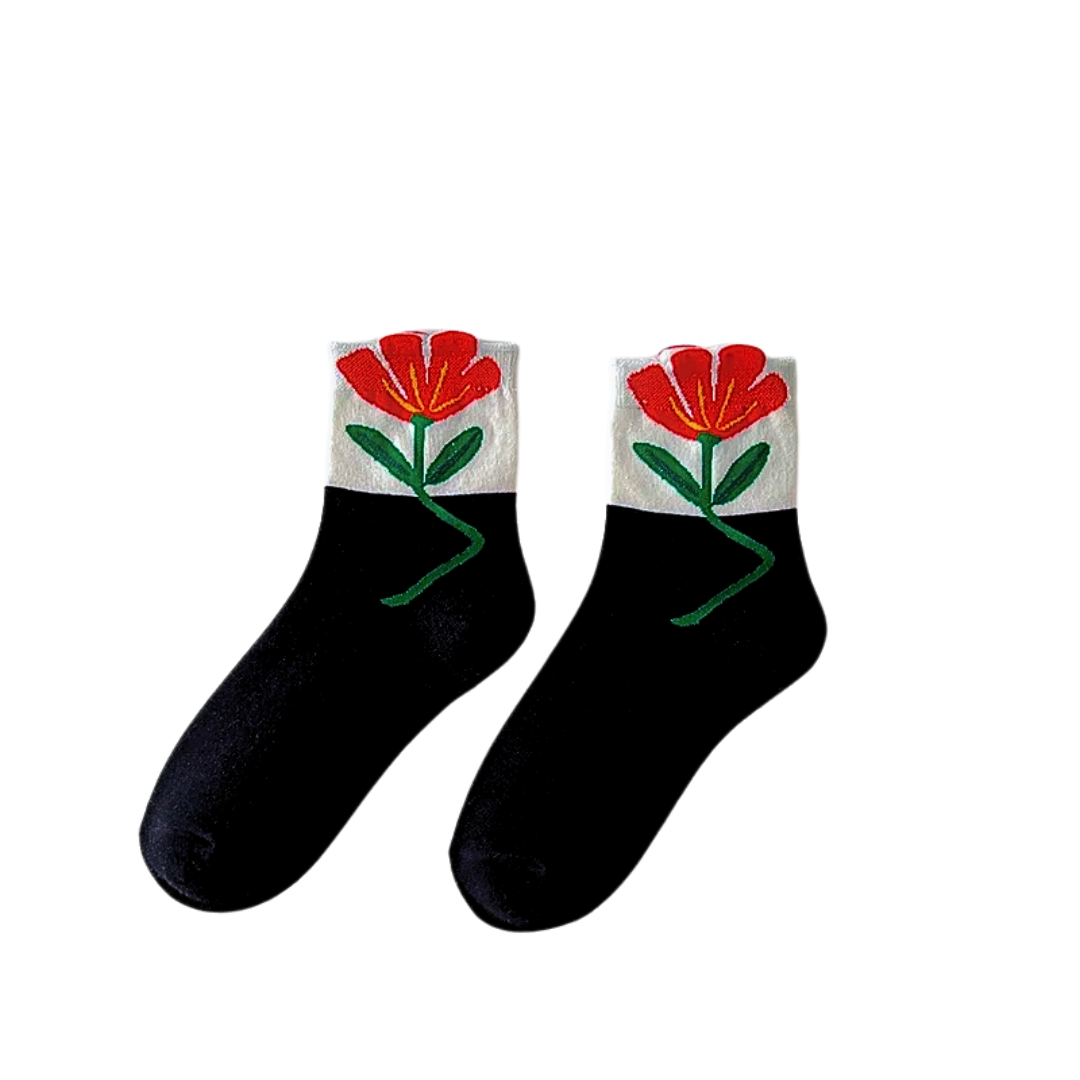 Women's Crew Socks Set with Floral Appliqué Design