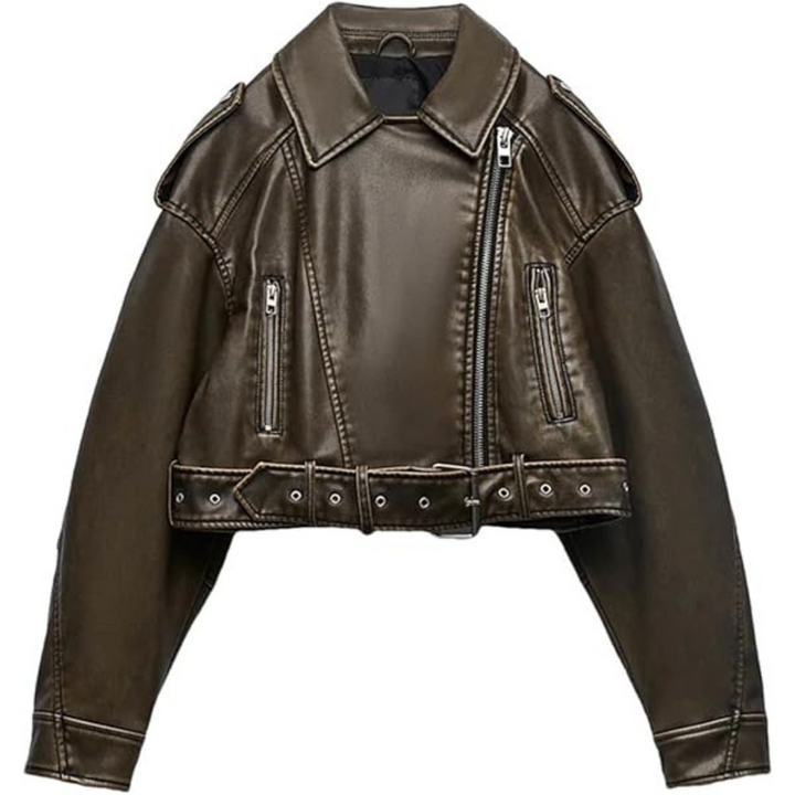 Women's Cropped Moto Jacket with Asymmetric Zip and Belted Waist