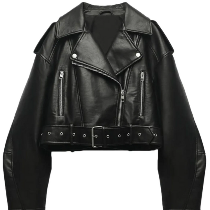 Women's Cropped Moto Jacket with Asymmetric Zip and Belted Waist