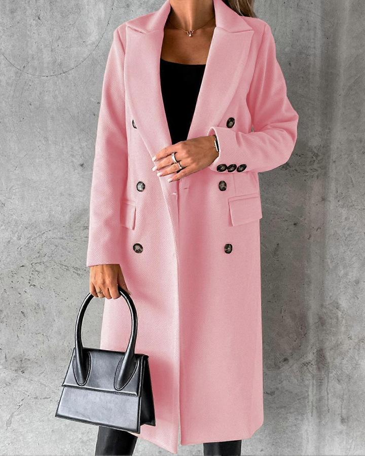 Women's Double Breasted Long Coat with Notched Lapels and Button Closure