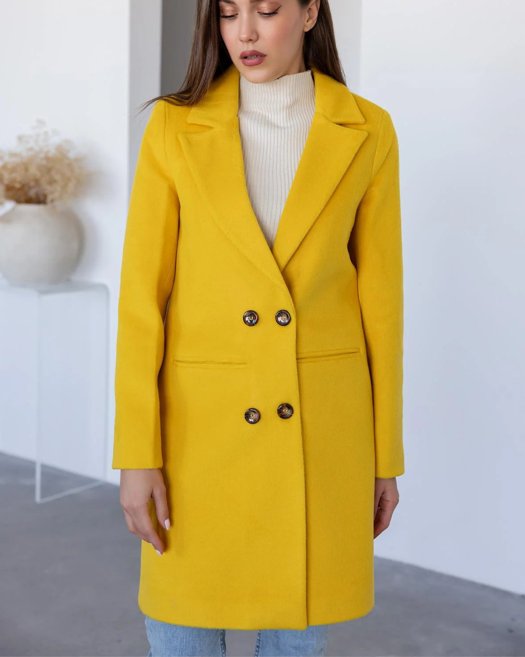 Women's Double Breasted Long Coat with Notched Lapels and Button Closure