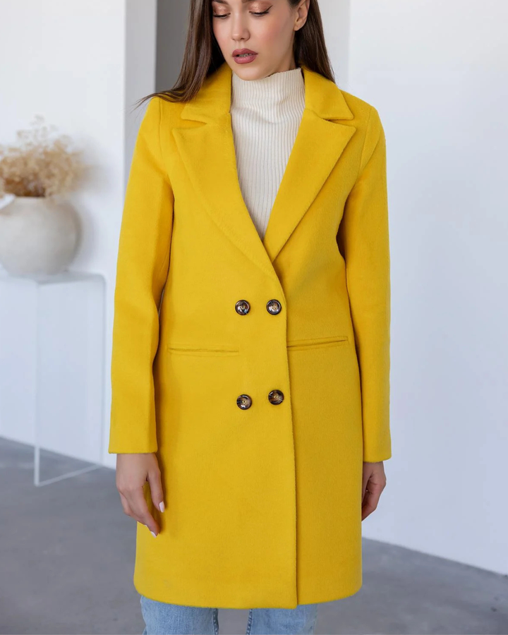 Women's Double Breasted Long Coat with Notched Lapels and Button Closure