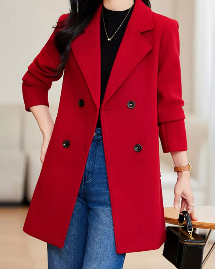 Women's Double Breasted Long Coat with Notched Lapels and Button Closure