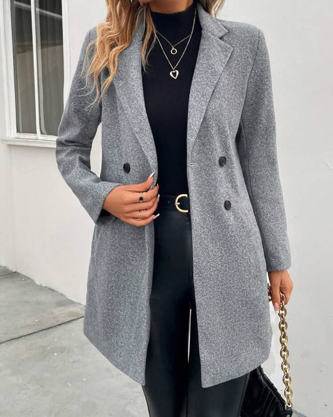 Women's Double Breasted Long Coat with Notched Lapels and Button Closure
