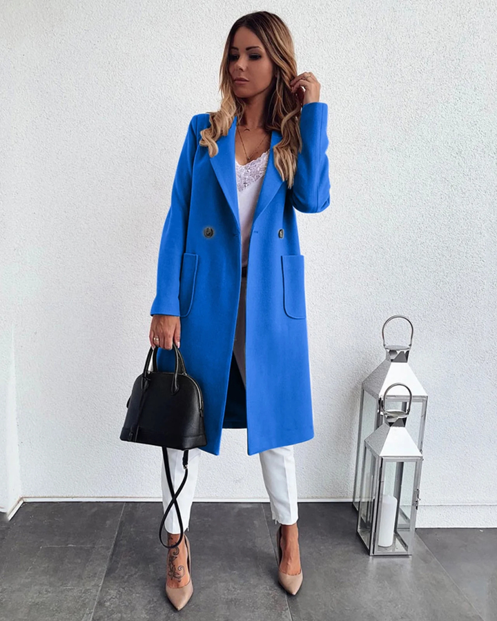 Women's Double Breasted Long Coat with Notched Lapels and Button Closure
