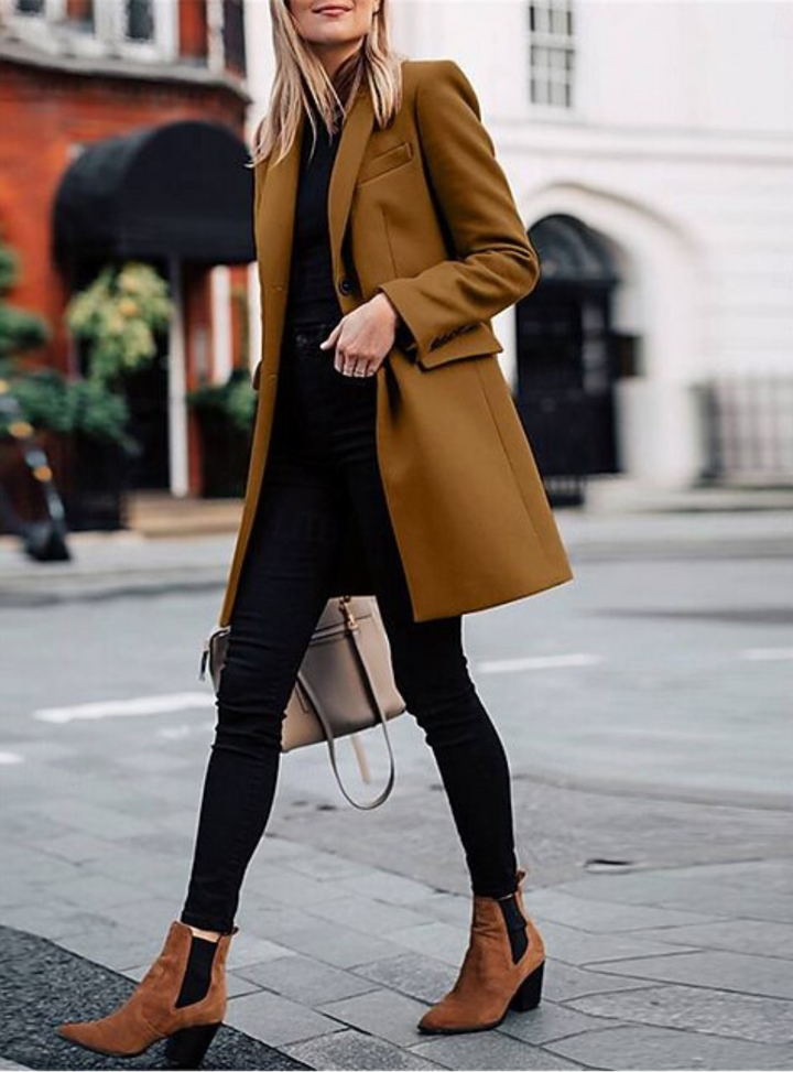 Women's Double Breasted Long Coat with Notched Lapels and Button Closure