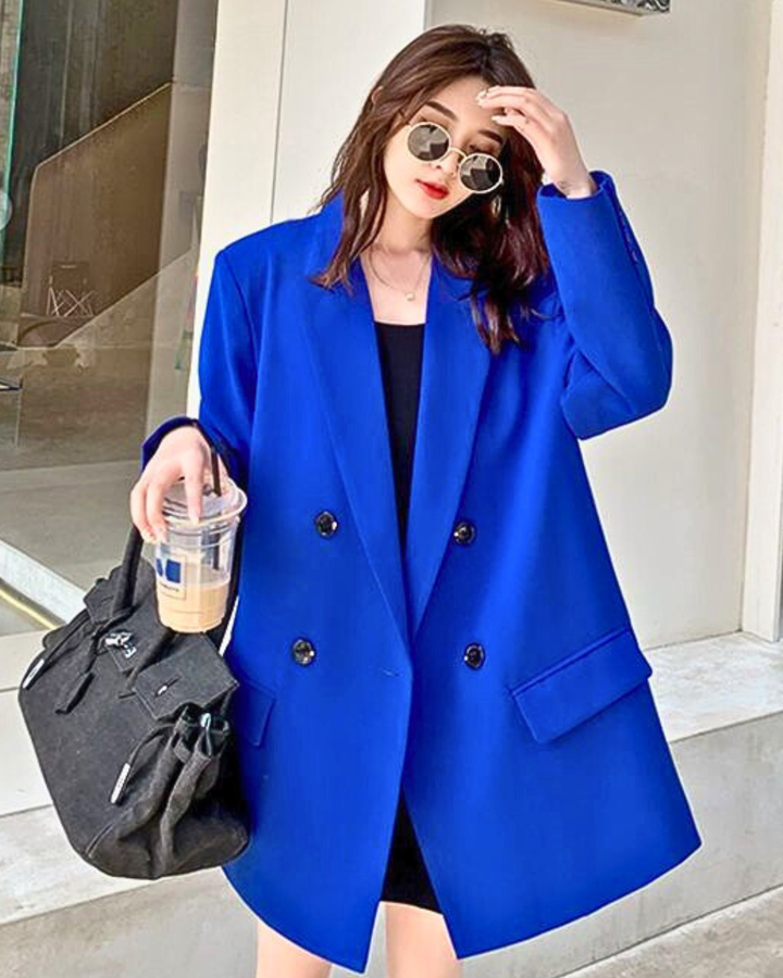 Women's Double Breasted Long Coat with Notched Lapels and Button Closure