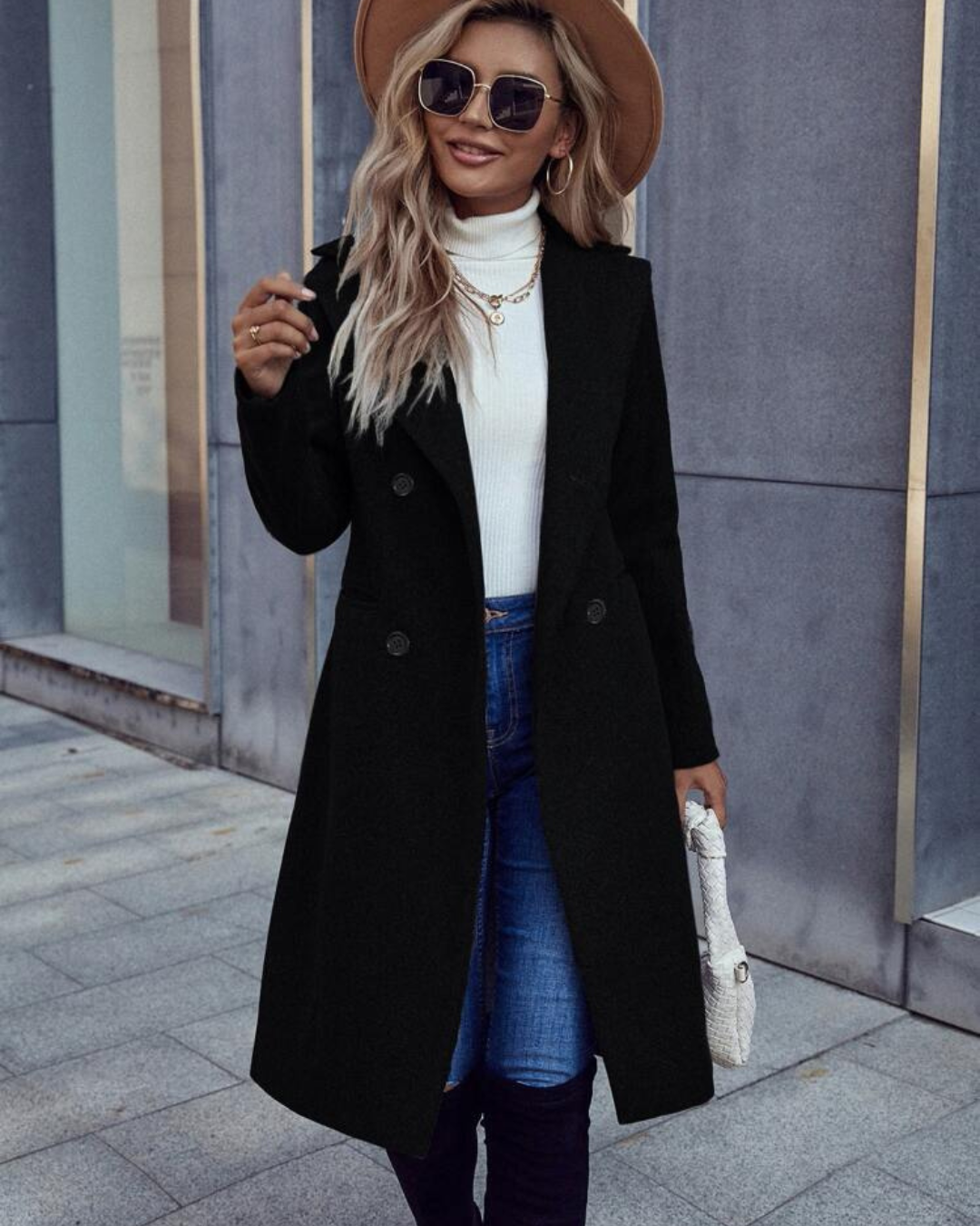 Women's Double Breasted Long Coat with Notched Lapels and Button Closure