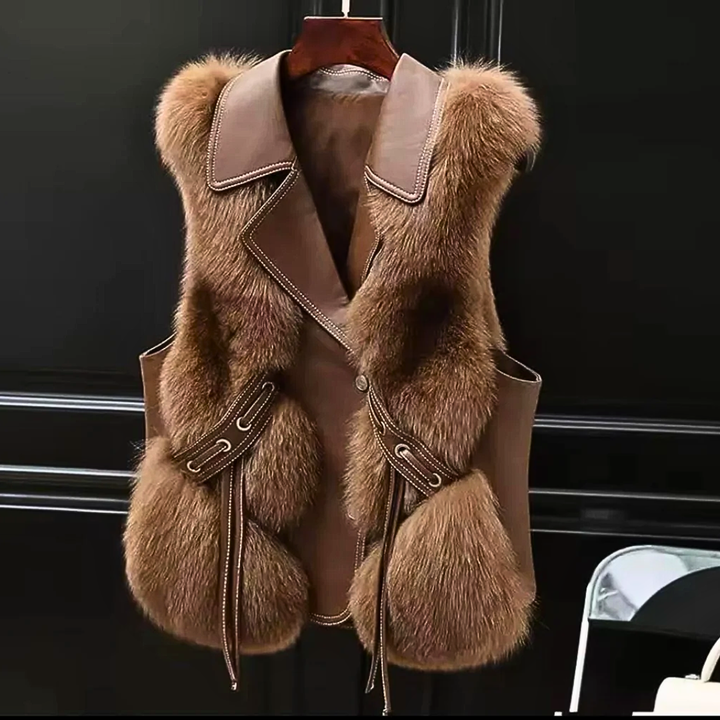 Women's Faux Fur Vest with Notch Lapel and Adjustable Belt Ties