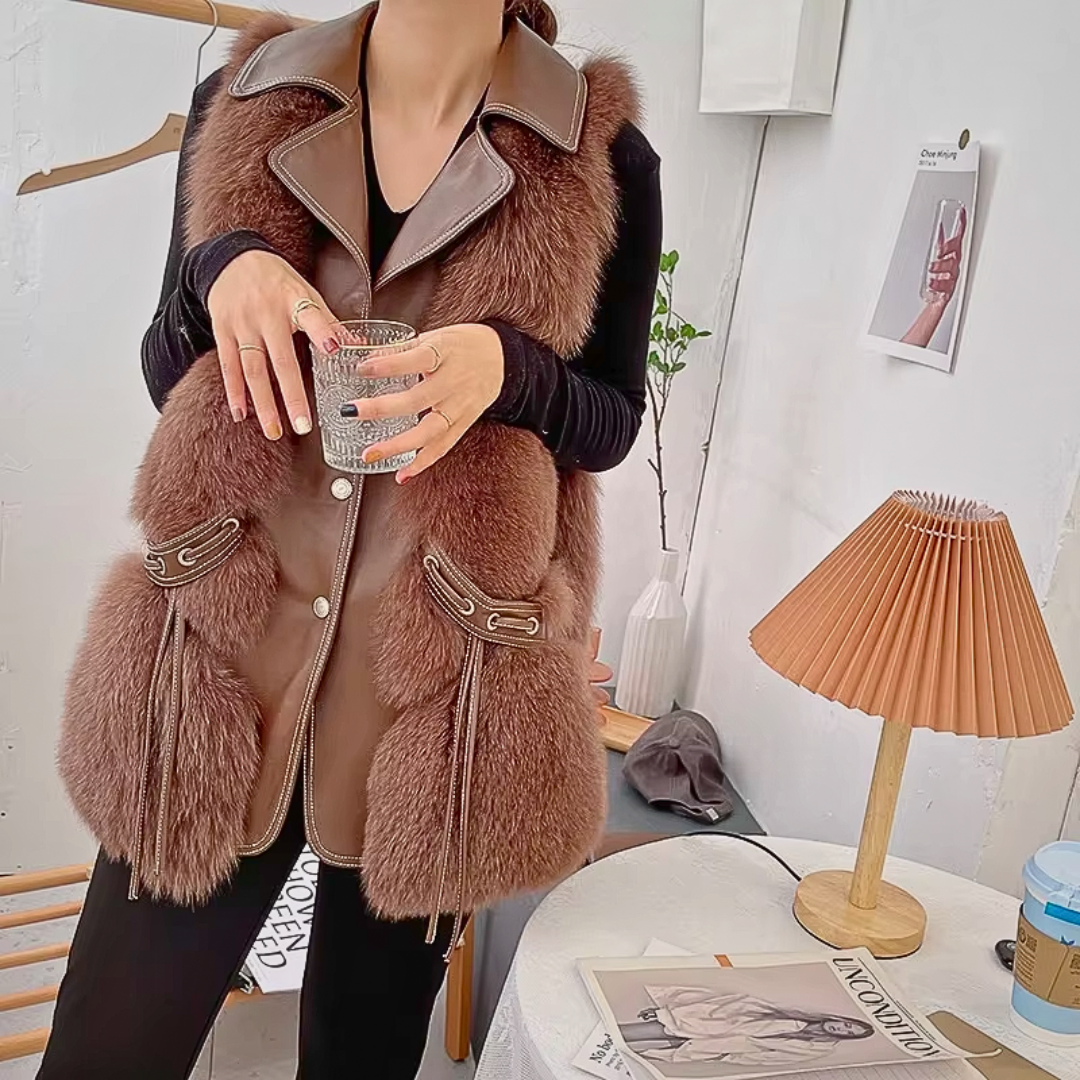 Women's Faux Fur Vest with Notch Lapel and Adjustable Belt Ties