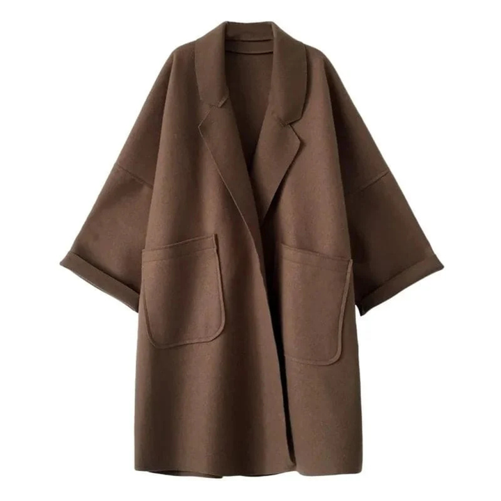 Women's Knee Length Coat with Wide Lapels and Patch Pockets