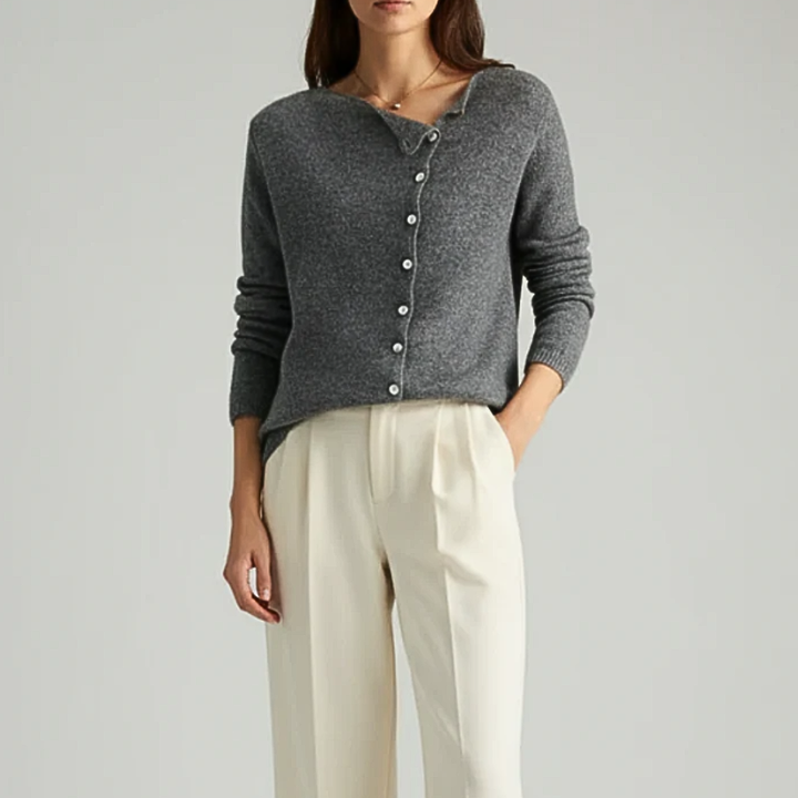 Women's Knit Cardigan with Asymmetric Button Closure and V-Neckline