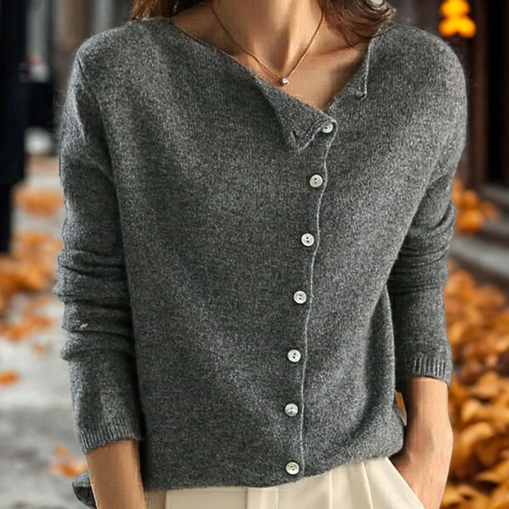 Women's Knit Cardigan with Asymmetric Button Closure and V-Neckline