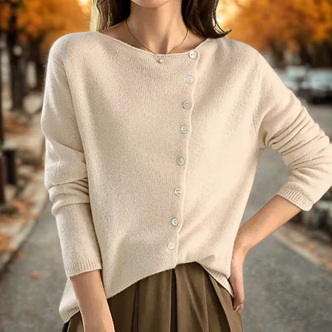 Women's Knit Cardigan with Asymmetric Button Closure and V-Neckline