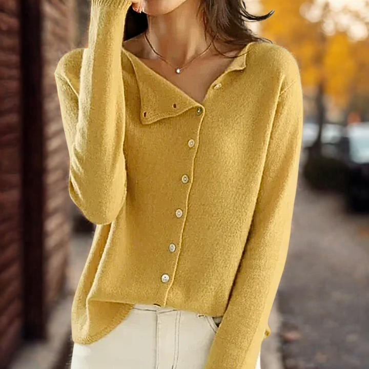 Women's Knit Cardigan with Asymmetric Button Closure and V-Neckline
