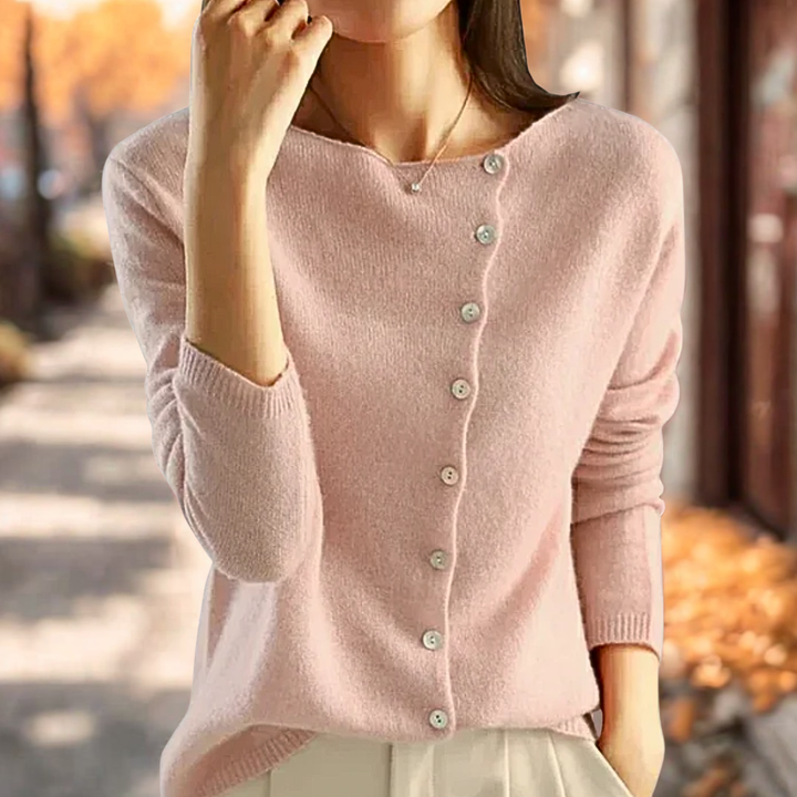 Women's Knit Cardigan with Asymmetric Button Closure and V-Neckline