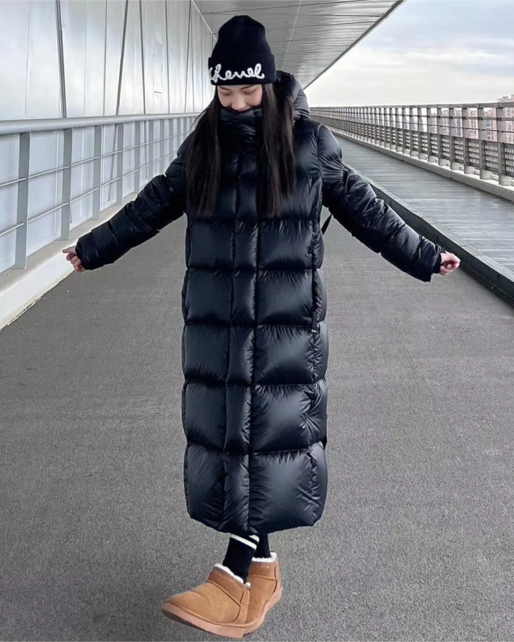 Women's Long Puffer Jacket with Hood and Quilted Panels