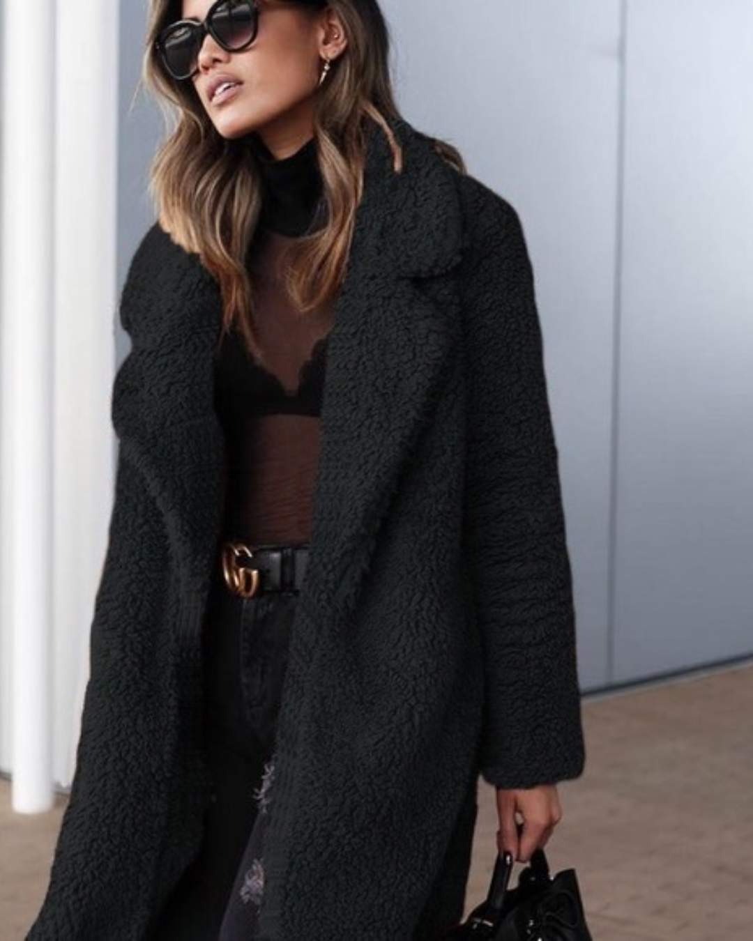 Women's Long Teddy Coat with Notched Lapels and Open Front