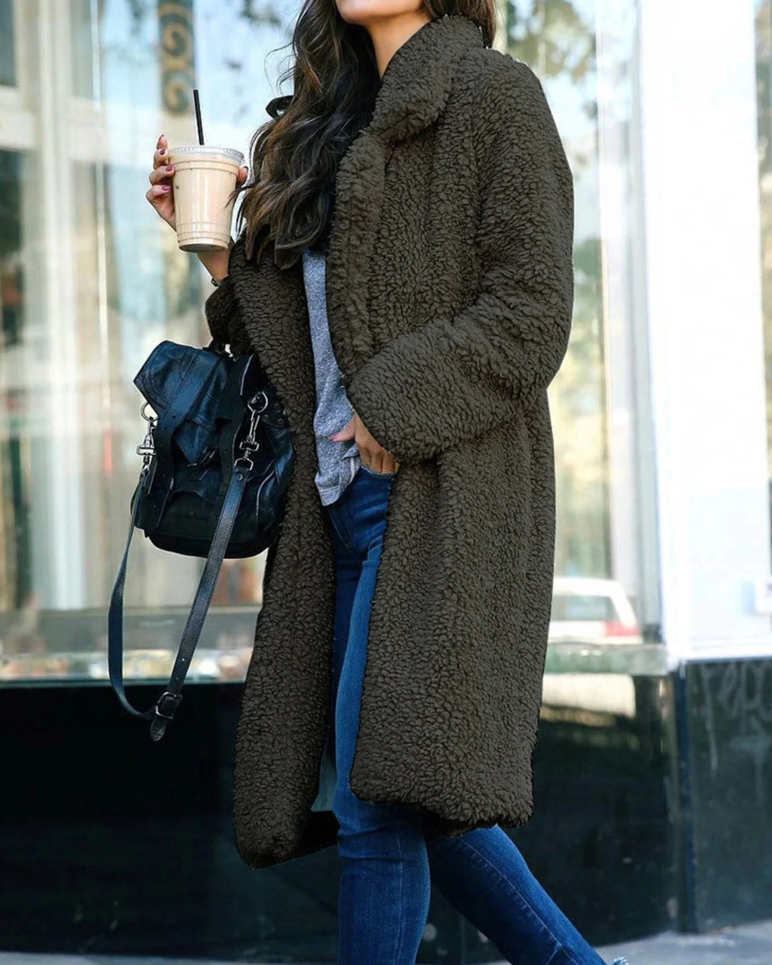 Women's Long Teddy Coat with Notched Lapels and Open Front