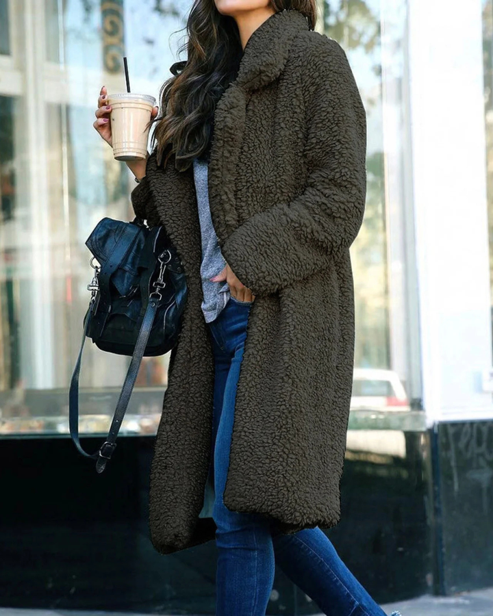 Women's Long Teddy Coat with Notched Lapels and Open Front