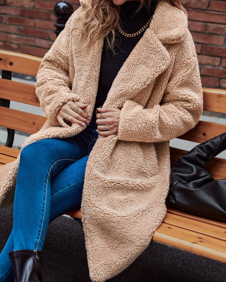 Women's Long Teddy Coat with Notched Lapels and Open Front