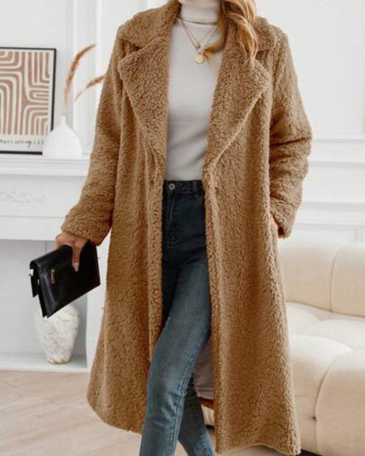 Women's Long Teddy Coat with Notched Lapels and Open Front